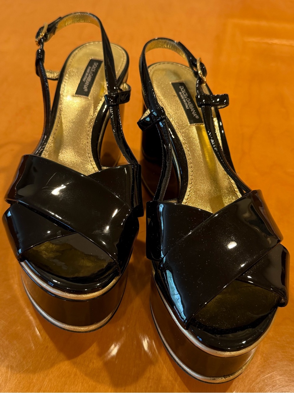 Dolce & Gabbana Black Patent Platform Sandals with Gold Insole